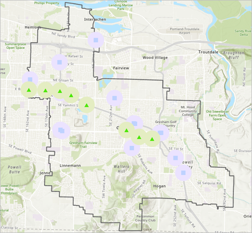 Quarter-mile buffers around potential development sites
